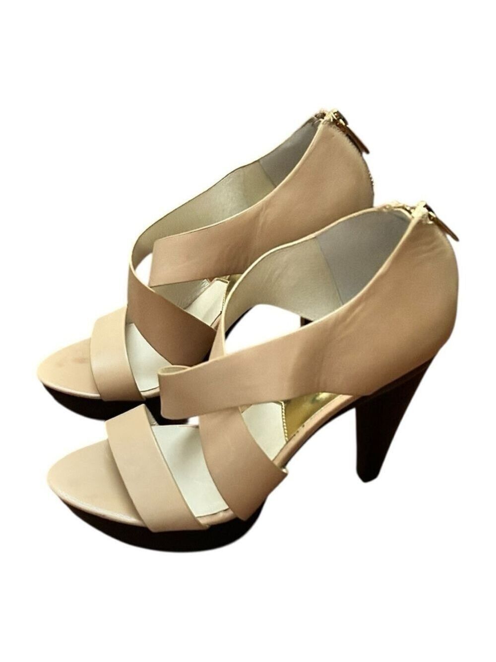MICHAEL KORS Elena Platform Back Zipper Tan Beige Leather Heels Size 7.5 NWOT
